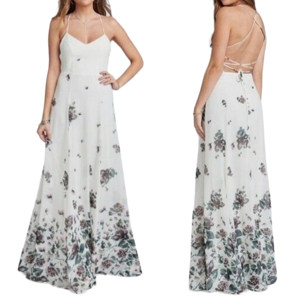 NWT Show Me Your MuMu Godshaw Goddess Gown XS Floral Falls Lace-Up Back Maxi